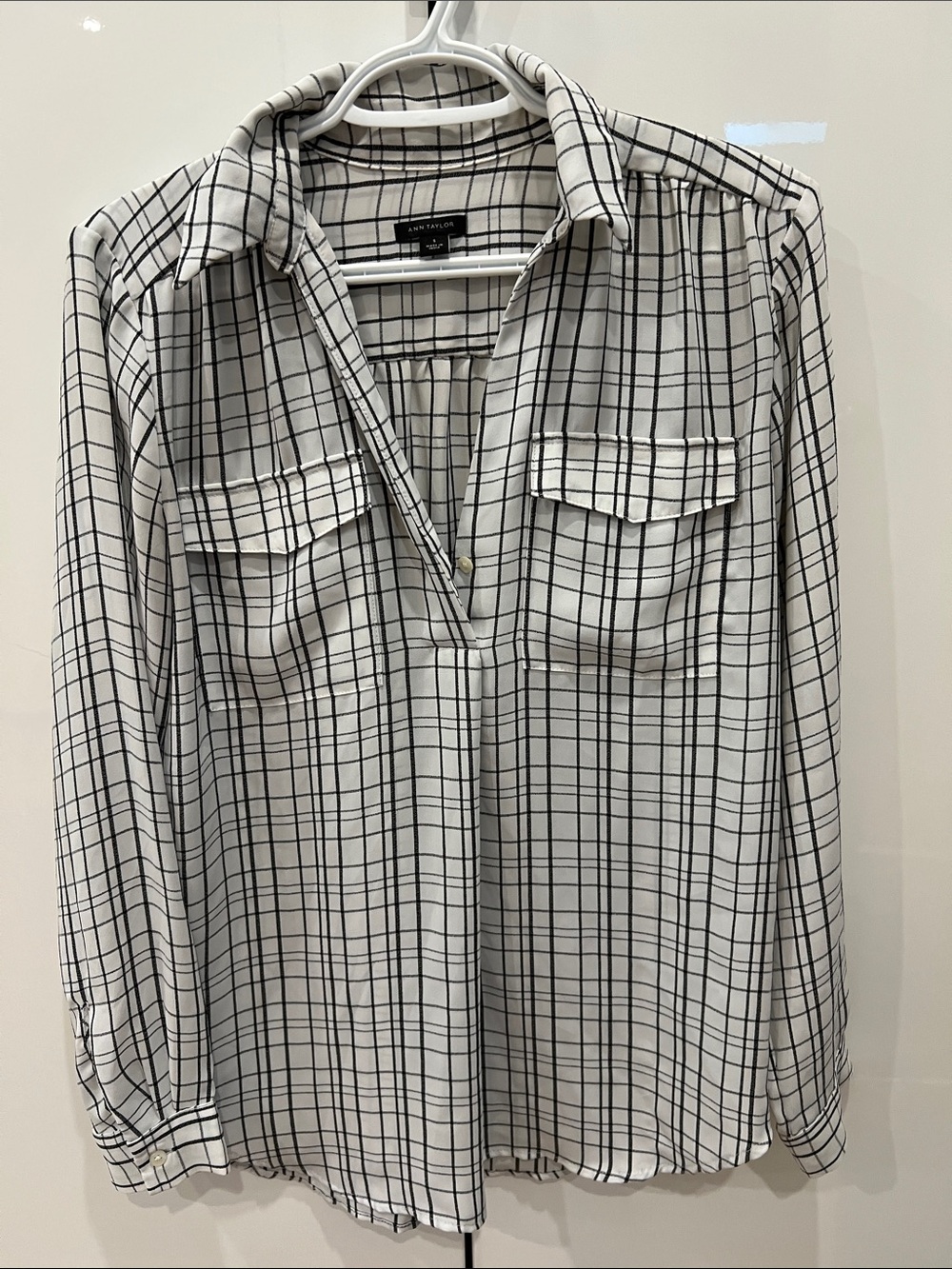 Ann Taylor White Blouse with Black Windowpane Check S